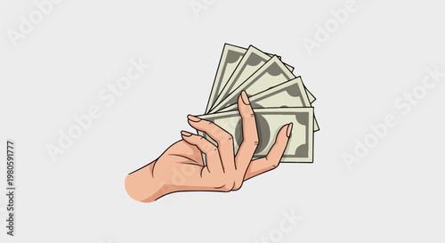 A hand fanned out with several dollar bills against a neutral background
