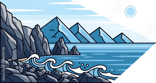 Stylized pixel art depiction of a rocky coastline with crashing waves under a pale sun and mountains