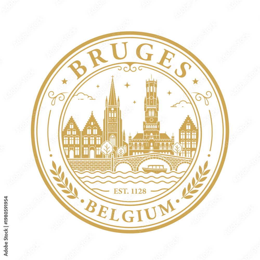 Obraz premium Bruges Belgium landmark circular seal design with belfry and canal vector illustration