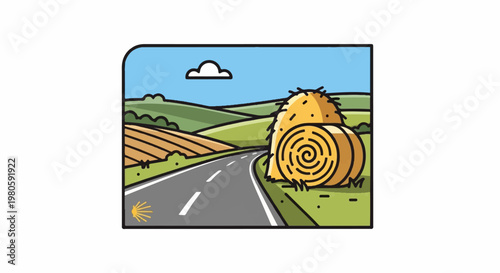 A picturesque countryside road winds through rolling hills, passing hay bales and cultivated fields under a blue sky
