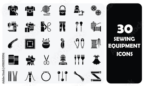 Set of 30 Sewing Equipment and Tailor Solid Glyph Icons