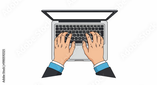 Hands typing on a laptop computer keyboard, viewed from directly above