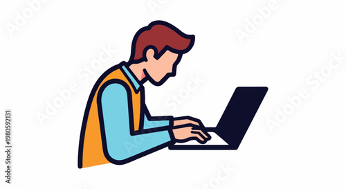 Stylized person focused on a laptop, using a computer, working digitally