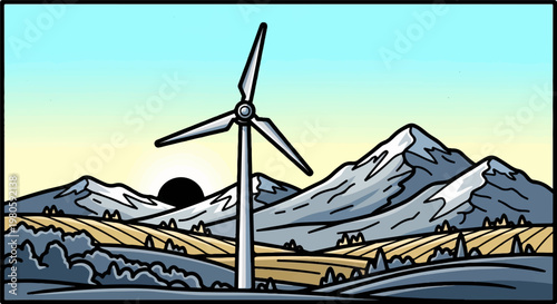 Wind turbine stands tall amidst a mountainous landscape at sunrise