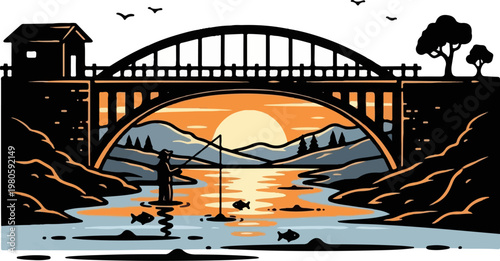 Angler fishes by river under arched bridge at sunset, mountains, trees, birds