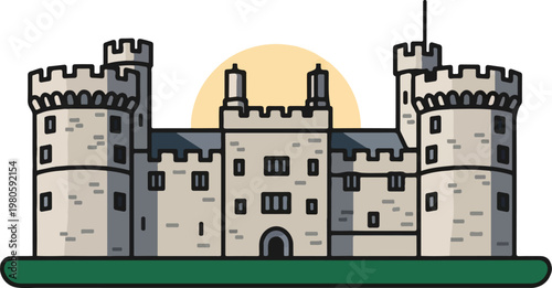 Stylized illustration of a stone castle with crenellated towers and a warm sun behind it