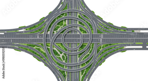 Aerial view of a complex, multi-level highway interchange with greenery and vehicles