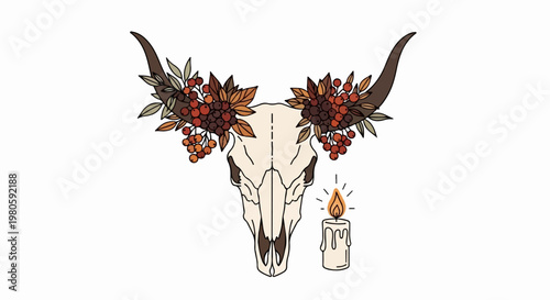 A stylized bull skull adorned with autumn berries and leaves, beside a lit candle