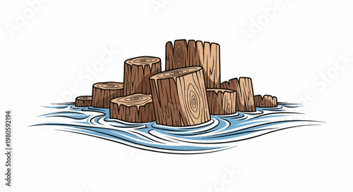 Rough-hewn wooden stumps emerge from stylized blue water, suggesting a natural, rugged setting