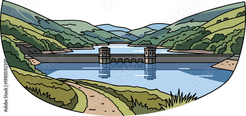 Scenic reservoir with a large dam and surrounding green hills