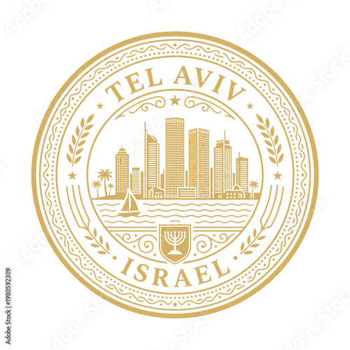 Elegant gold Tel Aviv Israel skyline emblem featuring skyscrapers and menorah vector illustration
