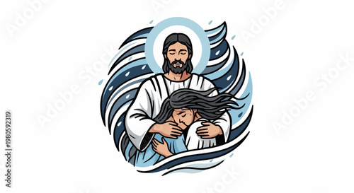 A figure in white embraces a distressed person, surrounded by blue swirling waves and droplets