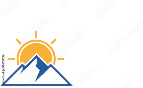 A sun rises behind a blue mountain peak, symbolizing new beginnings and nature