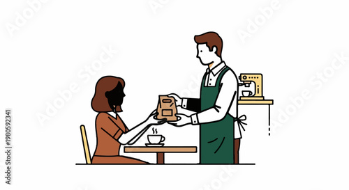 A barista hands a customer a bag of coffee beans in a cozy cafe setting