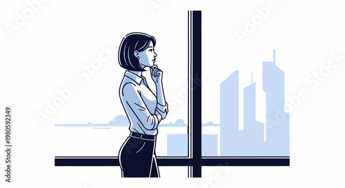 Thoughtful businesswoman in office gazes out window at city skyline