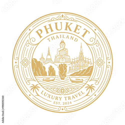 Elegant Phuket Thailand luxury travel emblem with Buddha and temples gold vector illustration