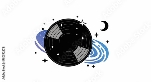 A black vinyl record orbits a blue planet surrounded by stars and a crescent moon