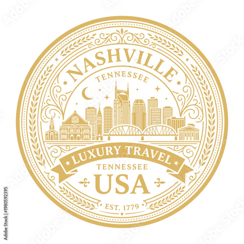 Elegant Nashville Tennessee luxury travel emblem with city skyline landmarks gold vector illustration