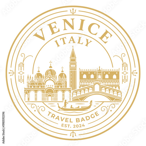 Elegant Venice Italy travel badge featuring St Mark Basilica and Rialto Bridge gold vector