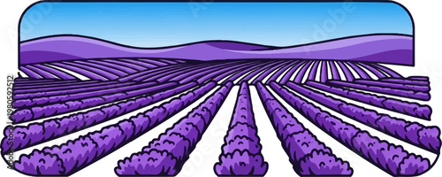 A stylized illustration of a vast lavender field stretching towards rolling purple hills under a blue sky