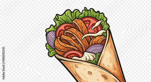 A delicious and colorful wrapped sandwich bursting with savory meats and fresh vegetables, presented on a transparent background