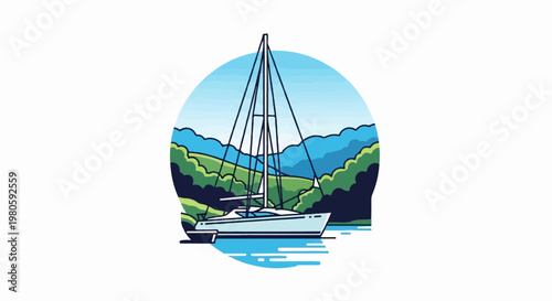 White sailboat on calm blue water with lush green hills and blue mountains in background