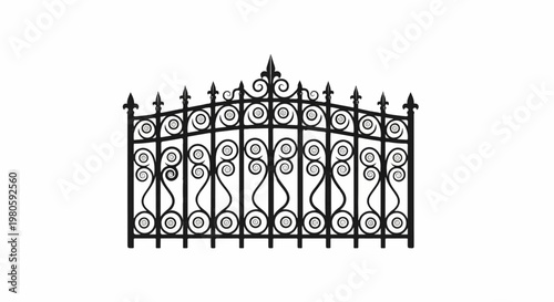 Ornate black wrought iron gate with decorative scrollwork and fleur-de-lis finials