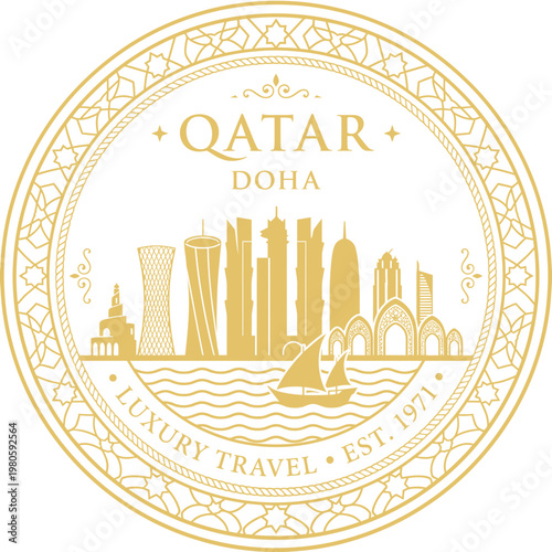 Gold Doha Qatar city skyline emblem for luxury travel isolated vector illustration