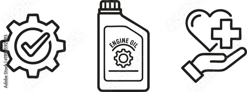 Engine oil icons, gear checkmark symbol, medical heart healthcare signs, 3 line icons set