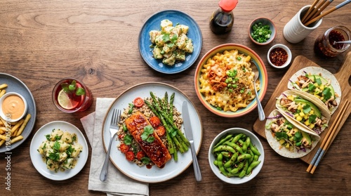 A diverse selection of delicious meals, showcasing imperfect real life with commercial clarity, from tacos to salmon and pasta