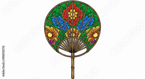 A vibrant, circular hand fan with a bamboo handle, adorned with colorful floral patterns