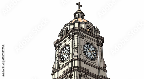 Ornate clock tower with a dome and cross, featuring Roman numeral clock faces