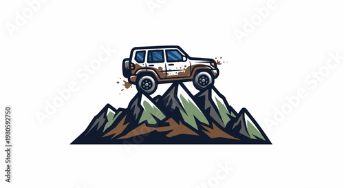 Rugged off-road vehicle ascending muddy mountain peaks