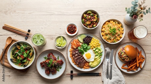 A visually appealing and diverse culinary collection, perfectly styled for commercial clarity while retaining the delicious, Imperfect Real Life with Commercial Clarity of a vibrant dining experience