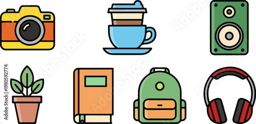 A vibrant collection of icons camera, coffee, speaker, plant, book, backpack, and headphones
