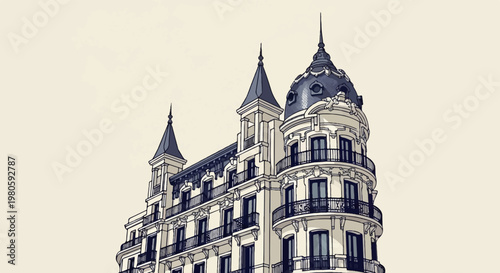 Ornate building with curved facade, domed roof, and spired towers against a plain background