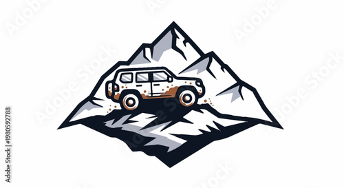 Stylized illustration of a white SUV driving on a rocky, mountainous terrain