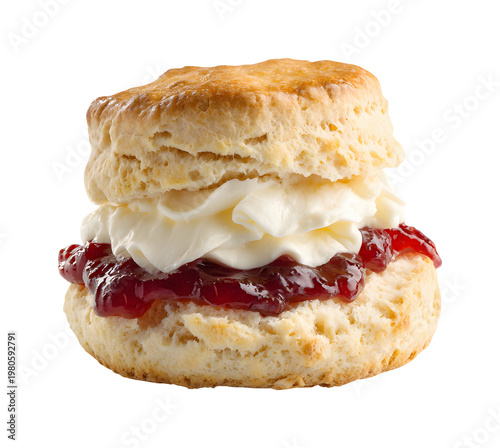 Fresh English scone with clotted cream and strawberry jam isolated on transparent background