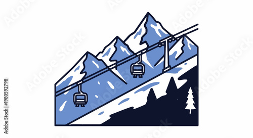 Stylized mountain range with snow-capped peaks and a chairlift system