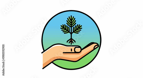 A cartoon hand cradles a green sapling with roots, against a sky-to-grass gradient circle
