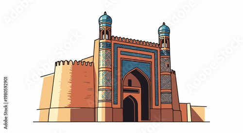 A striking, cartoonish illustration of an ancient, fortified gatehouse adorned with intricate blue tiles