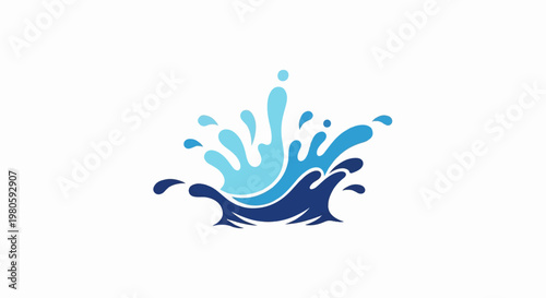 A graphic design of a vibrant blue water splash and droplets on a white background