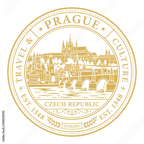 Gold Prague Czech Republic travel emblem with city skyline landmark vector illustration