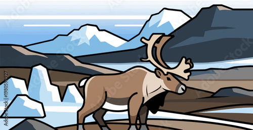 Stylized depiction of a reindeer in a snowy mountain landscape with icy formations