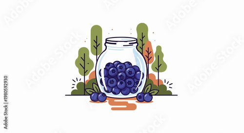 A glass jar brimming with ripe blueberries stands amidst stylized trees and bushes