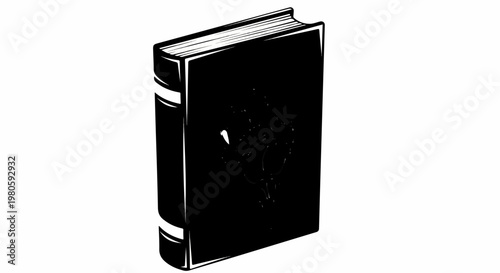 A black, open-faced book with a white spine and a mysterious embossed symbol on its cover