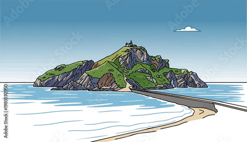 A picturesque island with a path and structure on its summit, connected to the mainland by a causeway over water