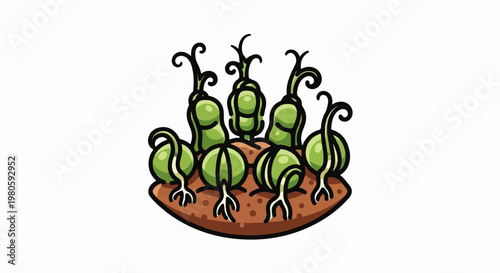 Cartoon sprouts grow from brown soil with roots visible