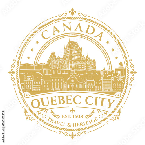 Gold Quebec City Canada heritage travel emblem featuring Chateau Frontenac vector illustration