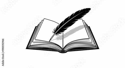An open book with a quill pen casting a shadow on the pages